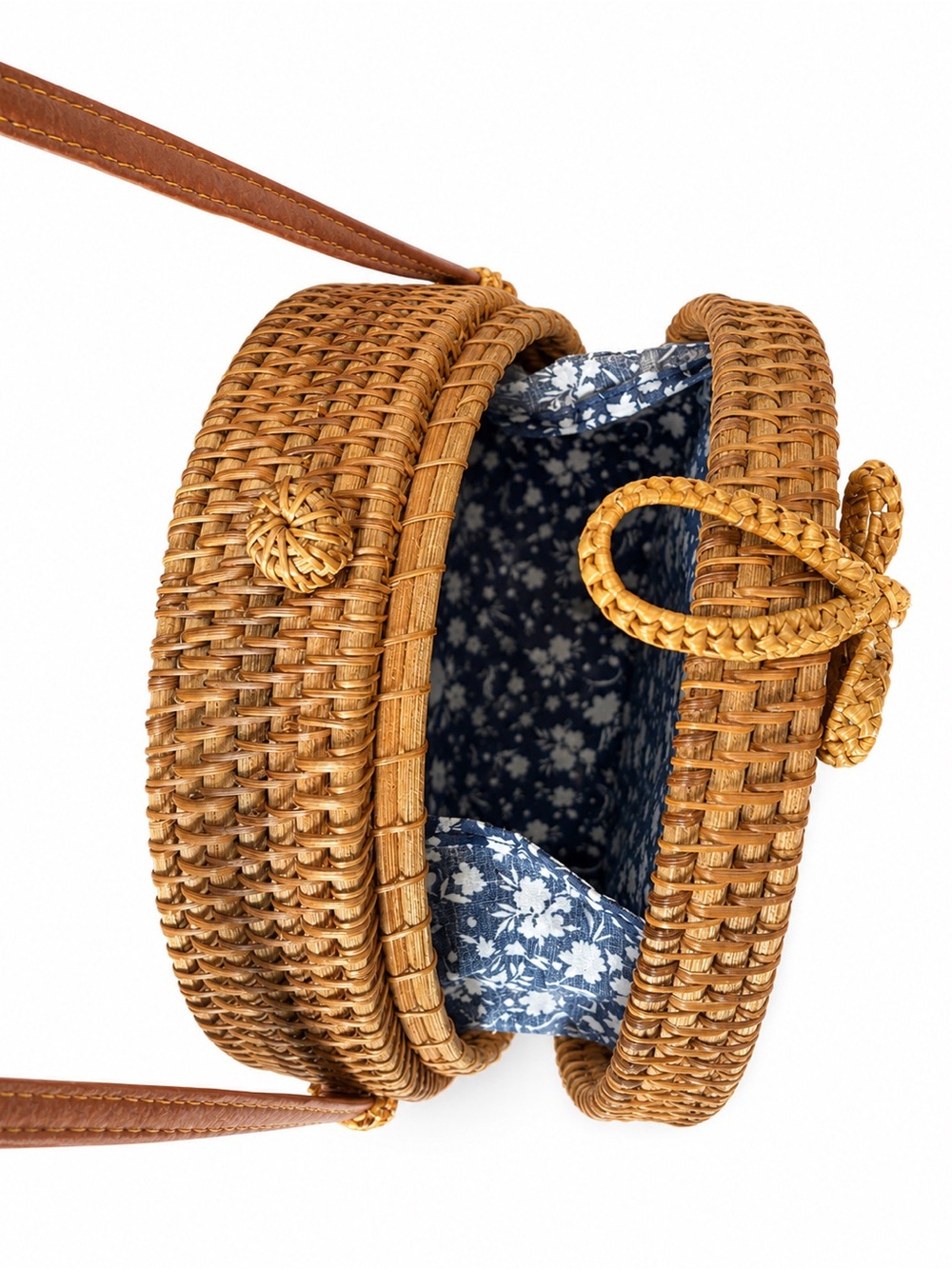 Woven Round Crossbody Bag in Mint with Tan Trim - Picture 4 of 4
